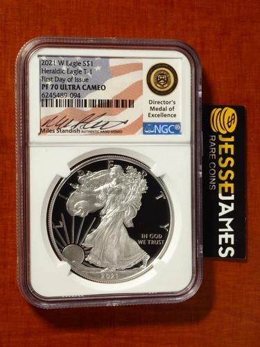 2021 W PROOF SILVER EAGLE NGC PF70 FIRST DAY ISSUE MILES STANDISH SIGNED TYPE 1