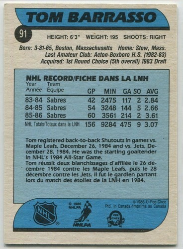 1986-87 O-Pee-Chee OPC #91 Tom Barrasso Buffalo Sabres - Picture 2 of 2