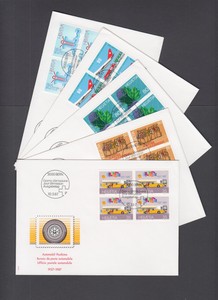 Switzerland-Mi-1335-1357-1987-issues-5-complete-sets-in-blocks-of-4-on-19-FDCs