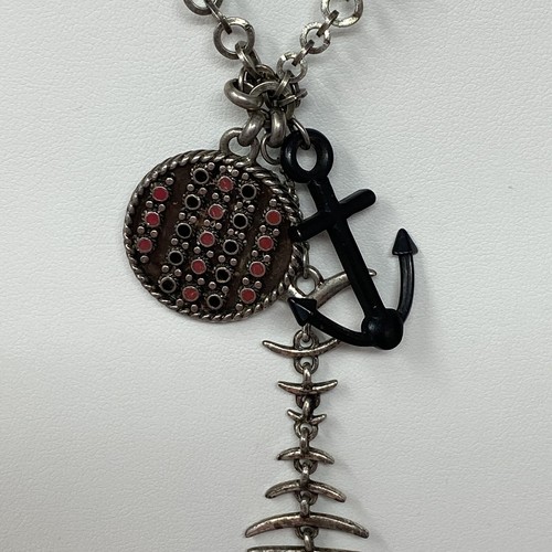 Lucky Brand Necklace Silver Tone Chain Anchor Fish Round Dangle Pendant Boho 18" - Picture 4 of 11