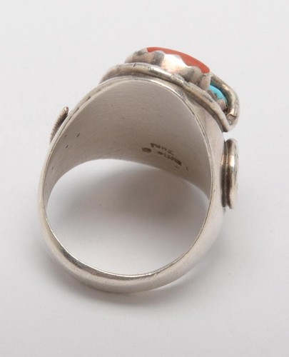 Sterling Silver SignedSnake Ring by Effie Calavaza Zuni with Turquoise and Coral - Picture 4 of 5