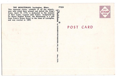 THE MINUTEMAN Statue John Parker by Kitson Lexington MA Postcard Massachusetts - Picture 2 of 2