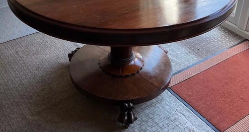 19th Century Antique Round Wooden Table Folding Up Dinner Paw Legs With Wheels - Picture 4 of 19