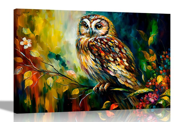 Owl in Forest with Flowers Canvas Wall Art Prints Botanical Home Pictures Birds Owl in Forest with Flowers Canvas Wall Art Prints Botanical Home Pictures Birds