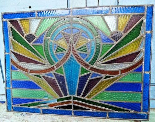 STAINED GLASS LEADED COLORED PANELS VINTAGE ART DECO ARCHITECTURAL SALVAGE OLD#2 - Picture 8 of 11