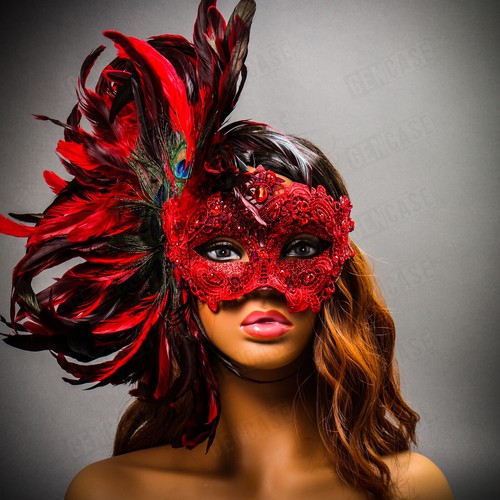 Peacock Feather Mask Masquerade for Women Venice Carnival Mardi Gras Mask RED - Picture 5 of 7
