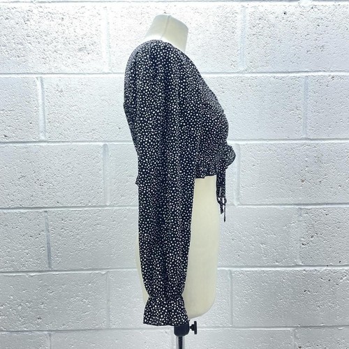 CRAVATTA NERA BIANCA A POLKADOT CROP TOP MILKMAID MANICA LUNGA INTRECCIATA ANTERIORE Y2K UK S - Foto 4 di 6