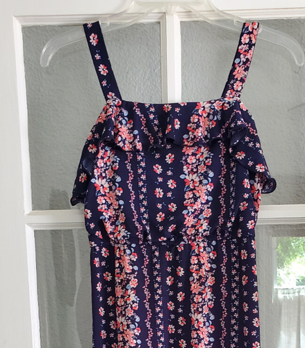 Girls sz 16 long summer floral stretchy navy dress - Picture 2 of 6