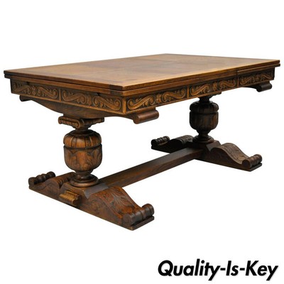 Carved Oak Wood Renaissance Revival Refectory Extension Trestle Carved Oak Wood Renaissance Revival