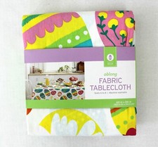 Decor White Multi Colored Easter Eggs Oblong Fabric Tablecloth 6 to 8 Seats NEW