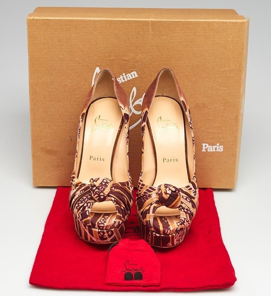 CHRISTIAN LOUBOUTIN Fauve Fauve Fauve Printed Canvas Jenny 150 Platform Peep Toe Pumps Sz 8 260af1 CHRISTIAN LOUBOUTIN Fauve Fauve Fauve Printed Canvas Jenny 150 Platform Peep Toe Pumps Sz 8 260af1