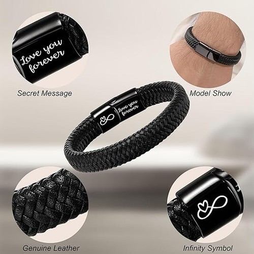 Personalised Mens Leather Bracelet Engraved for Dad Birthday Fathers Day Gift UK - Picture 8 of 21
