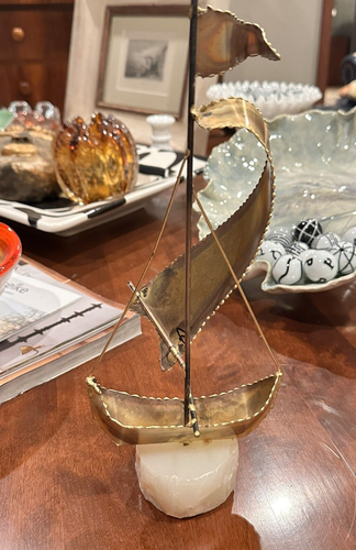 CURTIS JERE BRUTALIST MODERNIST SAILBOAT BRASS SCULPTURE MARBLE BASE SIGNED EUC - Picture 15 of 16