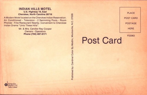 VINTAGE Postcard INDIAN HILLS MOTEL Cherokee N.C. P22063 Dynacolor Graphics - Picture 2 of 2