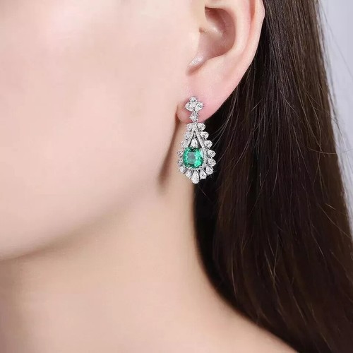 Pendiente de diamantes esmeralda natural corte cojín de 9,25 quilates oro blanco macizo de 14 quilates - Imagen 2 de 4