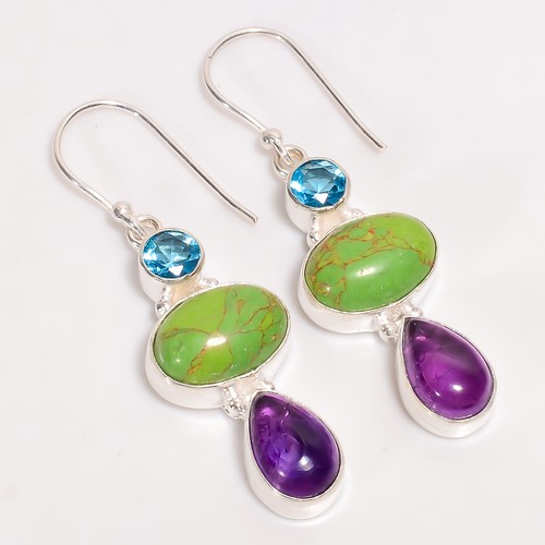 Green Turquoise Amethyst Gemstone 925 Silver Handmade Earrings 2" ARE-3907 - Picture 2 of 3