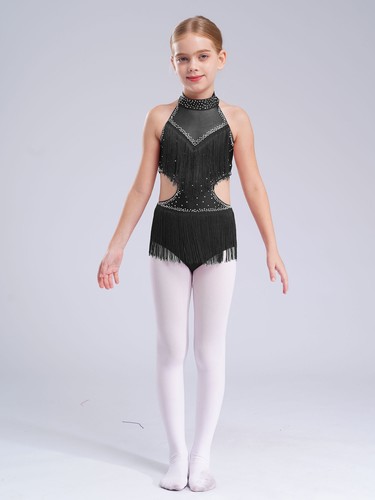 Kids Girls Leotard Rumba Bodysuit Salsa Dancewear Fringed Halter Neck Modern - Picture 38 of 57