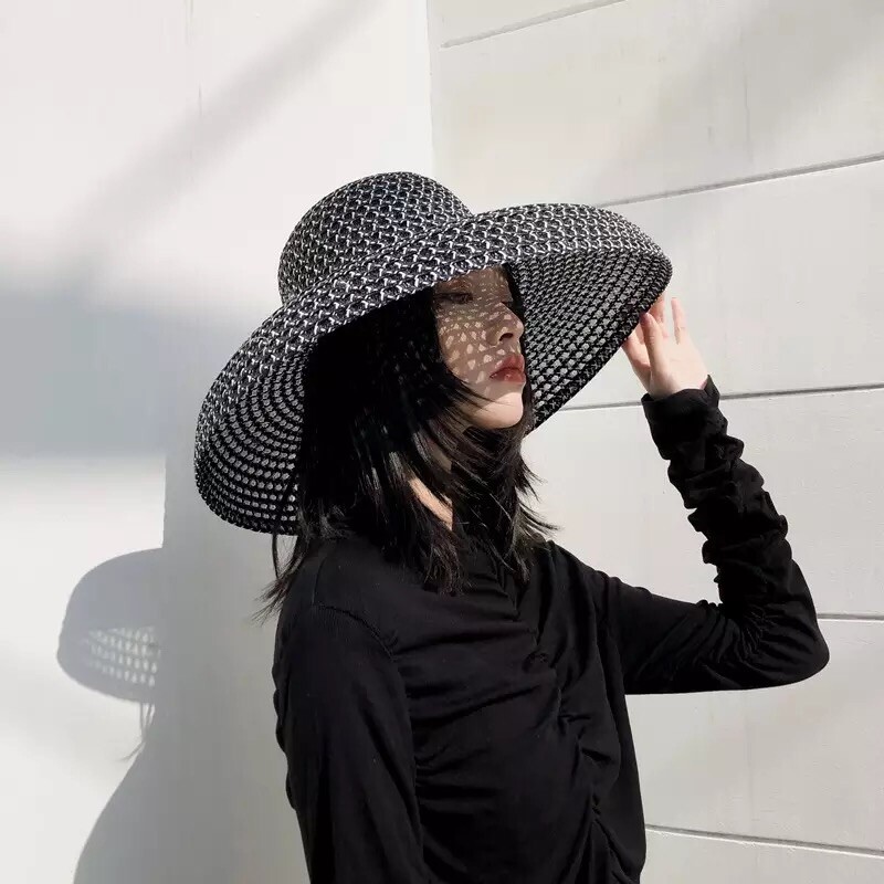 Fashion Fisherman Hat Black Woven Wide Big Brim Straw