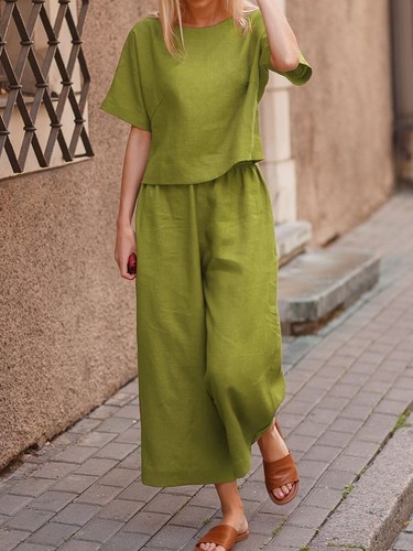 Womens 2pcs Cotton Linen Summer Tracksuit Sets T Shirt Tops Long Pants Outfit SZ - Picture 19 of 25