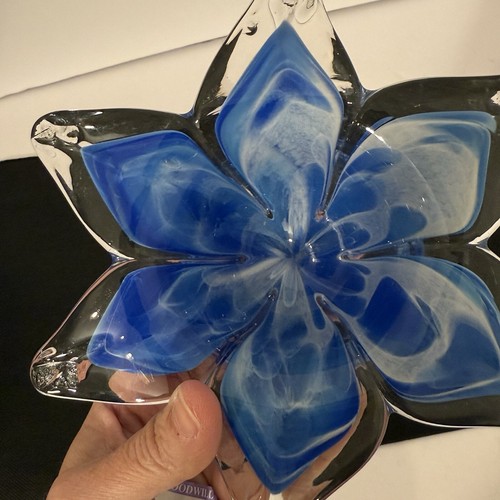 Flower Bowl Glass Art Piece With Blues White And Clear Glass In Murano Style - Picture 9 of 24