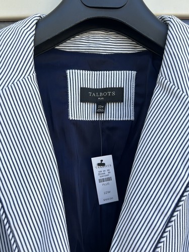 TALBOTS Aberdeen Blazer Sz 22W Piped White Navy Stripes Nautical Jacket Preppy - Picture 20 of 23