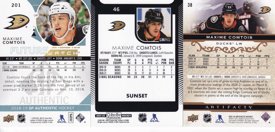 2018-19 UD SP Authentic FW #201 MAXIME COMTOIS 180/999 Anaheim Mighty Ducks +++ - Image 2 of 4