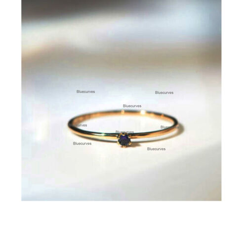 Solitaire Round Natural Blue Sapphire Tiny Ring 14k Solid Yellow Gold Jewelry - Picture 3 of 3