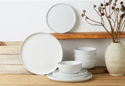 12 Piece Dinnerware Set Dish Dinner Plates Stoneware Service For 4 White Speckle - Image 1 of 4