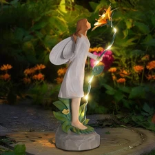 Fairy Garden Statue Outdoor Decor, Solar Powered Garden Sculptures Fairy Resi...