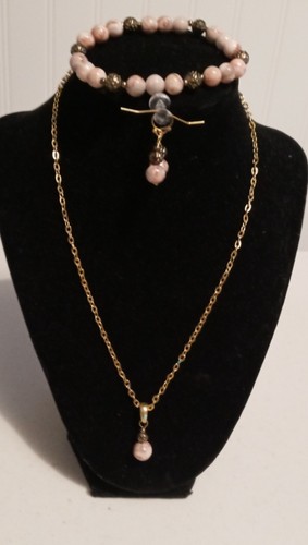 Unbranded 3 Piece Pink Rhodonite Pendant Necklace Earrings Bracelet Set - Picture 2 of 4