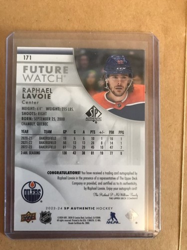 2024 UPPER DECK RAPHAEL LAVOIE#171 FUTURE WATCH AUTO 979/999 - Bild 2 von 2