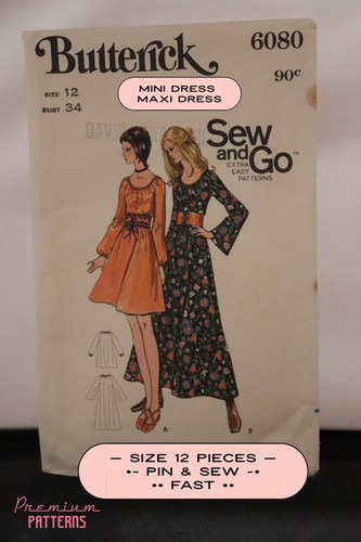 RARE Original 1970s 1980s Vintage Pattern Ladies Bell Sleeve Maxi Dress Sz 12 - Picture 4 of 12