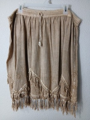 Unbranded Made In Nepal Tan Boho Gypsy Hippie Skirt One Size Tassel Embroidered 