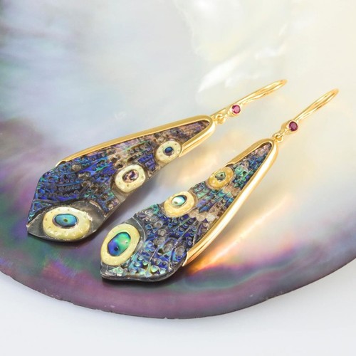 Dragonfly Wing Earrings Abalone Carving Gold Vermeil Sterling Silver Ruby 5.56 g - Picture 6 of 10