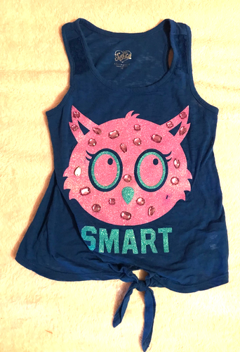 Justice brand sleeveless blue tee preteen girl size 10 cotton blend owl graphic