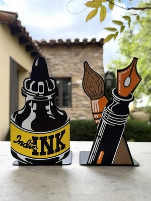 Vintage Hyde Park Pop Art Bookends 1970s Fountain Pen and India Ink Midcentury