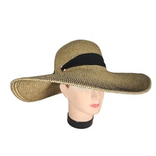 Wide Brim Tan Black Paper Sun Hat  Black Band Beach Summer Bucket Paradise Gifts
