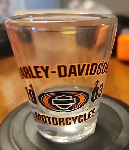 Harley Davidson Bar & Shield 1903 Glass Black Orange Single Shot Glass 2 3/8" /K