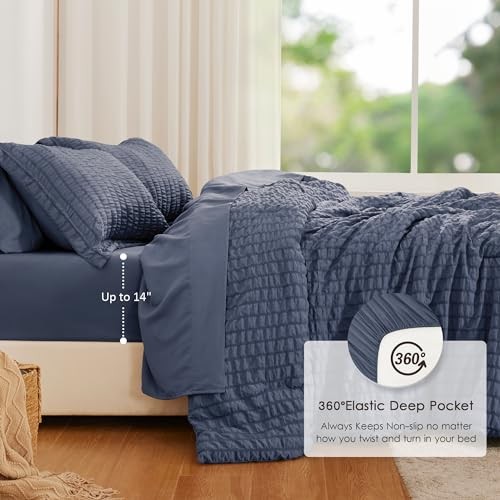 Seersucker Navy Blue King Size Comforter Set 7 Pieces, All Season Bedding - Imagen 4 de 7