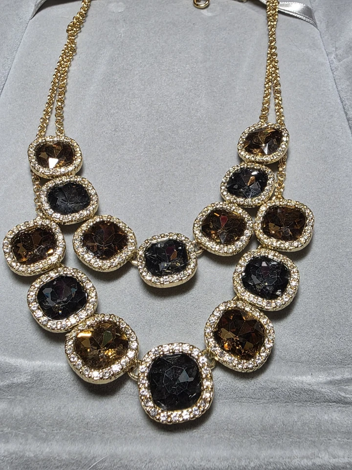 Talbots Gold Tone Double Strand Gray Amber Faceted Crystal Rhinestone Necklace - Image 3 of 4