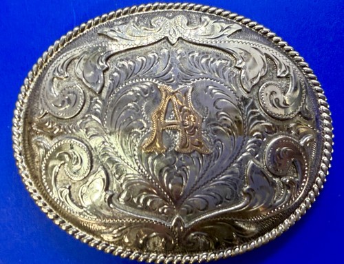 Initial Letter A Custom Vintage Western Two Tone Alpaca Mexico Belt Buckle