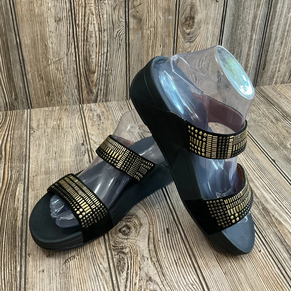 Sandalias Fitflop negras doradas Azteca Chada para mujer talla 9 de cuero con tiras deslizantes Foto 4 de 4