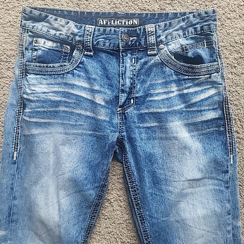 Pantalones de mezclilla Affliction Ace para hombre 33 azules bordados bigotes descoloridos desgastados - Imagen 3 de 24