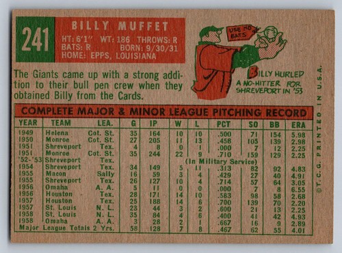 1959 Topps #241 Billy Muffett San Francisco Giants - Picture 2 of 3