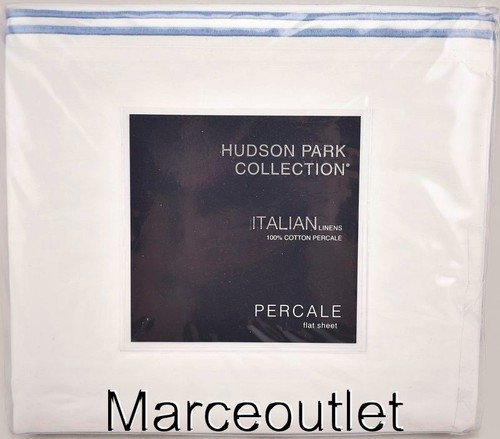 Hudson Park Italian Linens Percale FULL Flat Sheet White / Chambray