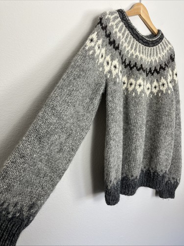 Maglione pullover nordico vintage lavorato a mano taglia L/XL 44" 100% lana Fair Isle grigio usato in ottime condizioni - Foto 7 di 8