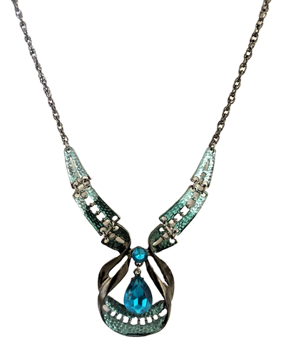 Blue Teal Grey Metallic Bold Statement Necklace + Earring 2 PC Set - Picture 3 of 13