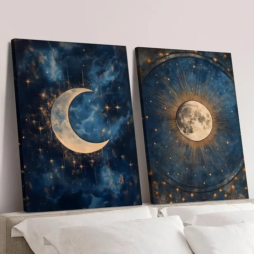 2pcs Sun and Moon Crescent Celestial Painting Wall Art Canvas Unframed - Picture 1 of 5