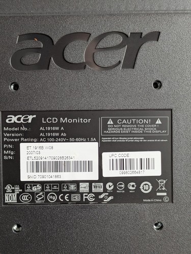 Acer AL1916WAb LCD Monitor 1440 x 900 Res Tested Great for Office or Gaming - Picture 4 of 7