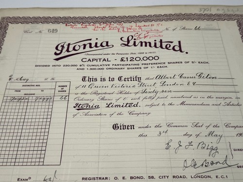 1934 Itonia Limited Share Certificate 66 x £1 - Picture 3 of 3
